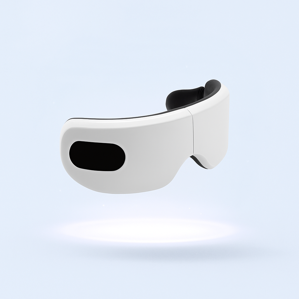 White eye mask with black straps on a light blue background