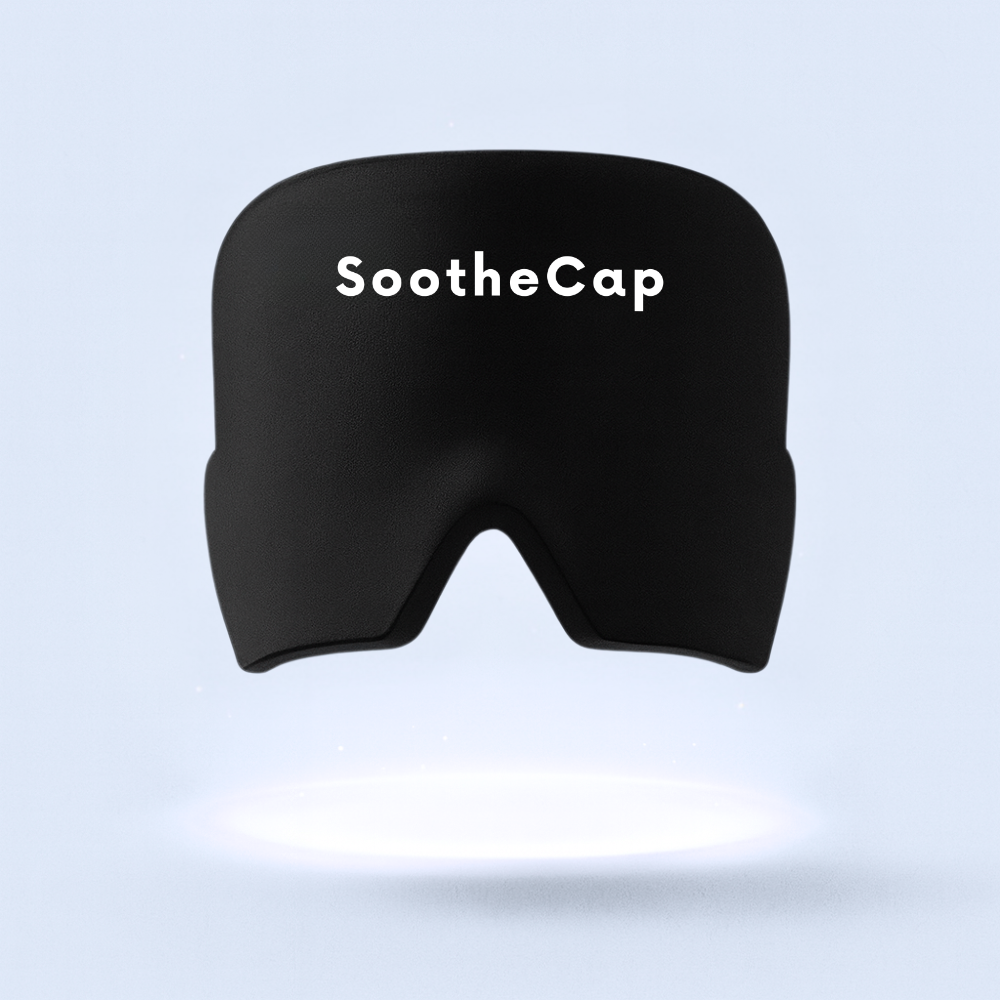 Black 'SootheCap' on a light blue background