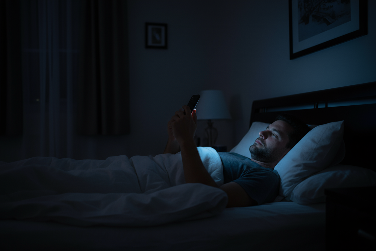 een man die in bed ligt met gsm blauw licht