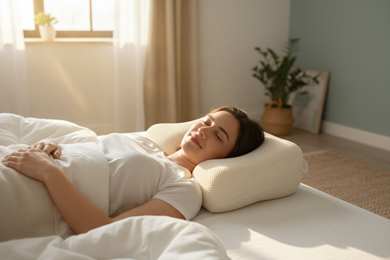 person waking up happy from an ergonomic neck pillow