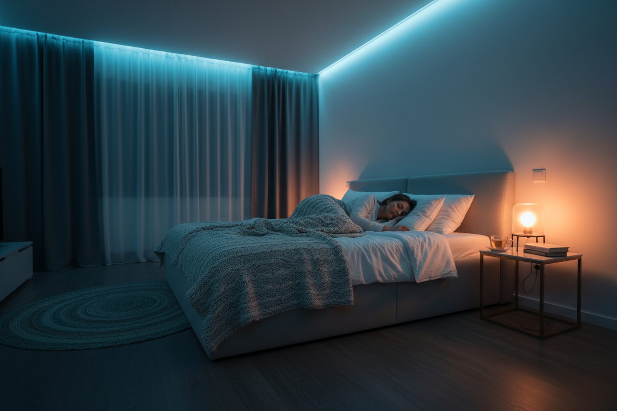 📸 Photo idea: wide shot from a distance — the person resting peacefully in bed at night, ambient blue glow or bedside lamp (like your last cozy scene).