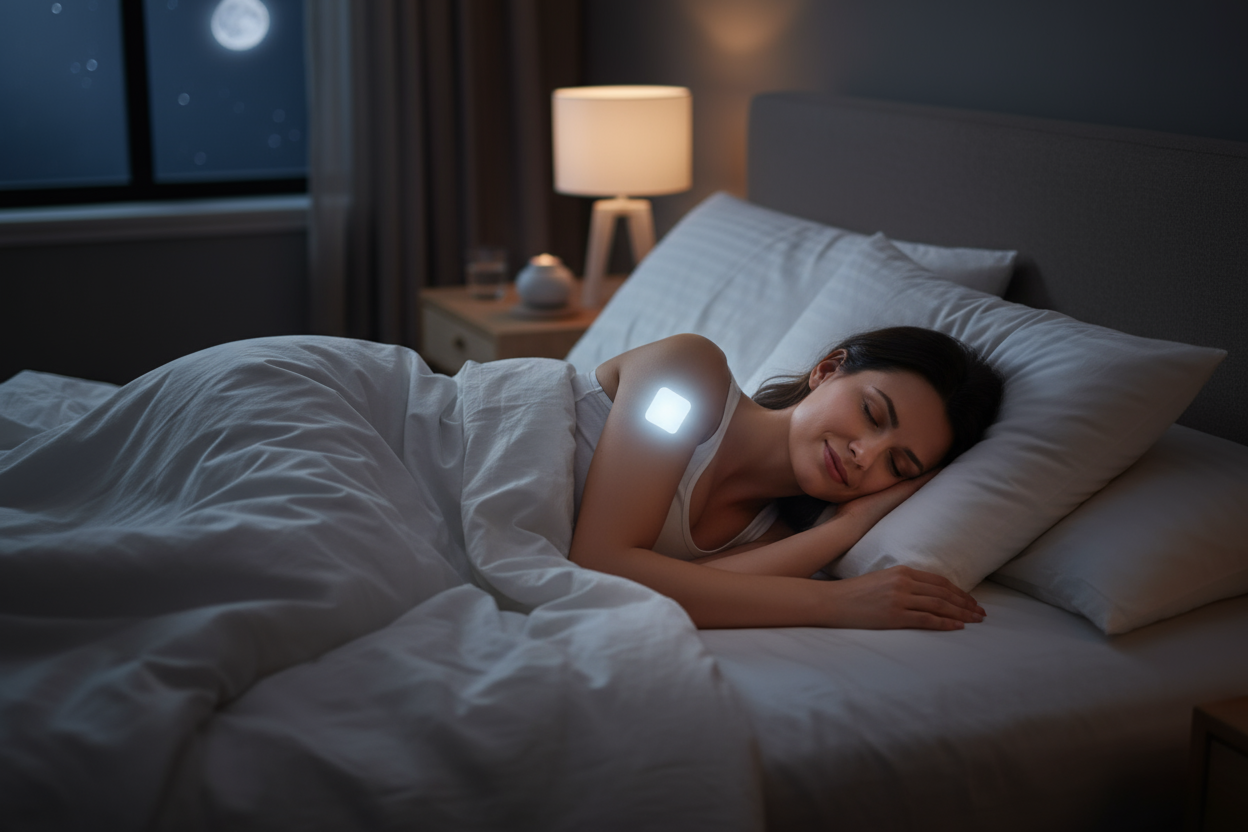 woman sleeping good with a small white squared patch on her arm with a slight glow coming from the patch